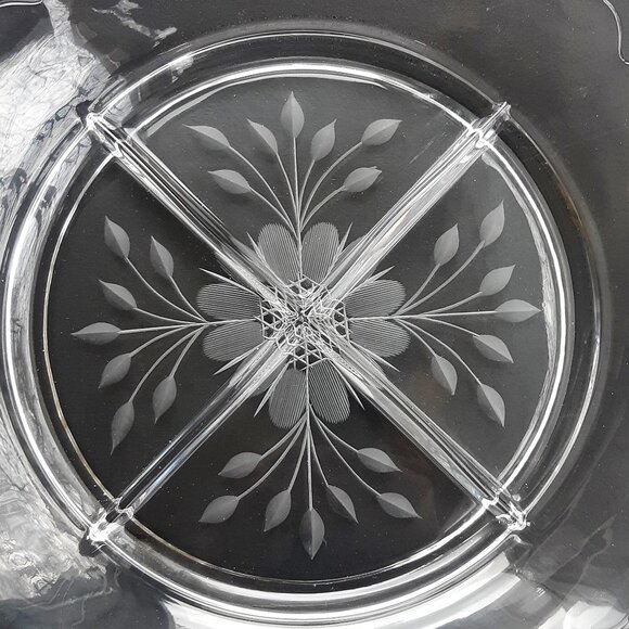W.J. Hughes CORNFLOWER Glass Handled Divided Large Bowl Lancaster Etched VTG - Picture 9 of 12